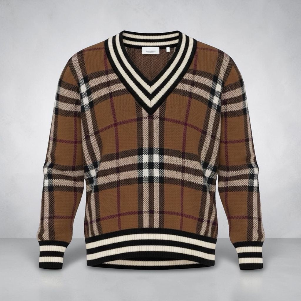 Burberry Signature Nova Check Sweater 🧶🟫 V-Neck Classic Plaid Knit Jumper 👔💼
