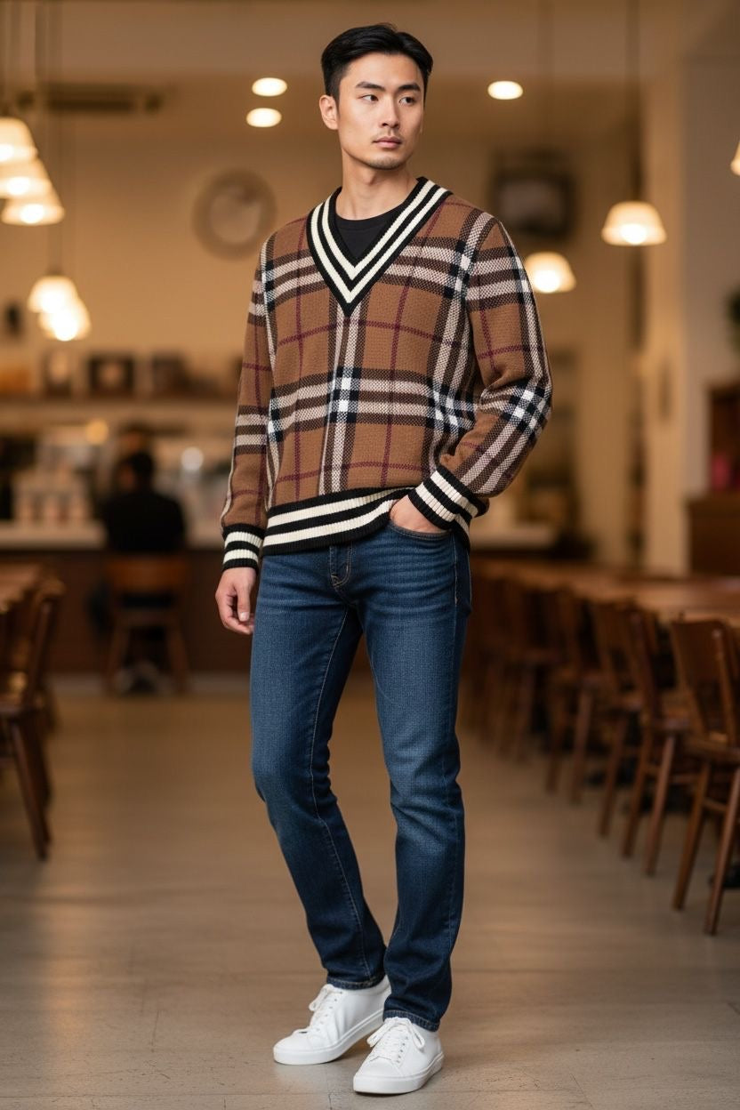 Burberry Signature Nova Check Sweater 🧶🟫 V-Neck Classic Plaid Knit Jumper 👔💼