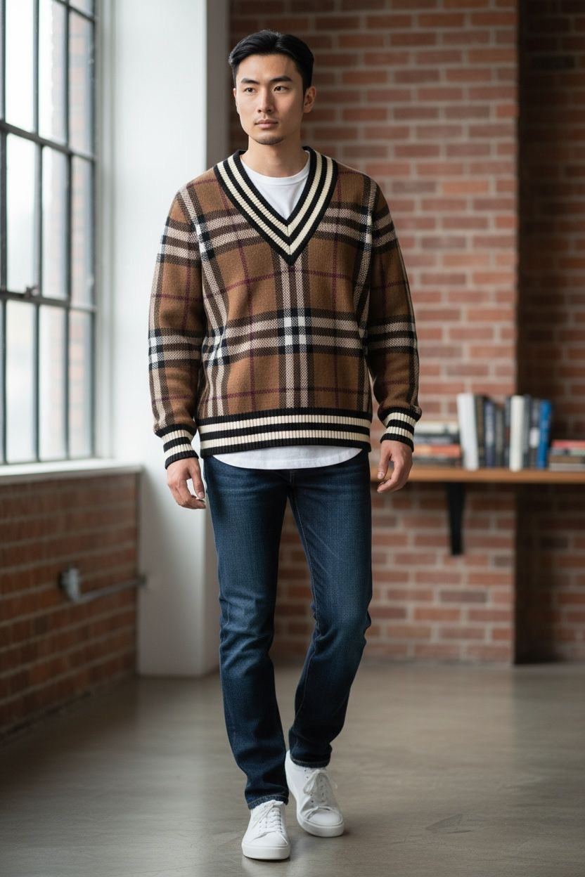 Burberry Signature Nova Check Sweater 🧶🟫 V-Neck Classic Plaid Knit Jumper 👔💼